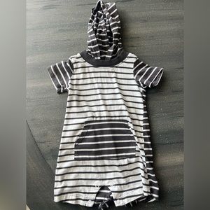 Carters gray and white striped romper with hood, size 12 months